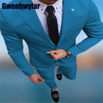 Gwenhwyfar 2023 Classic 2 Gabalas Vyrų Kostiumas Vestuvių Suknelės Jaunikis Smokingas Mėlynos spalvos Švarkas Nustato Oficialių Kostiumų Homme Slim Fit Apranga Nuotrauka