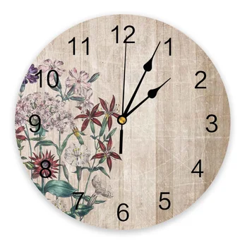 Retro Gėlių, Medienos, Grūdų PVC Modernaus Dizaino Sieninis Laikrodis Kambarį Apdaila Sieninis Laikrodis Namie Decore Sienos Skaitmeninis Laikrodis Nuotrauka